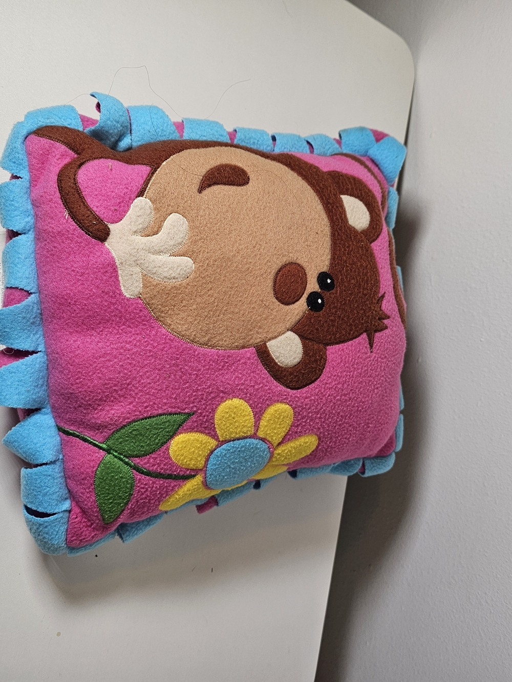 Kids Pink Plush Monkey Pillow with Blue Trim